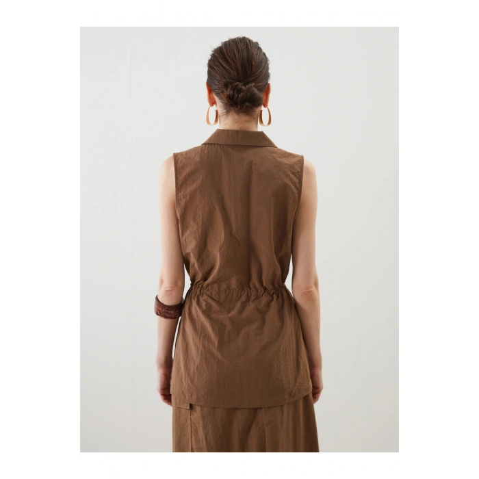 Ceket Yaka Keten Görünümlü Kadın Klasik Yelek