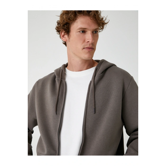 Cep Detaylı Şardonlu Fermuarlı Pamuklu Basic Kapşonlu Sweatshirt