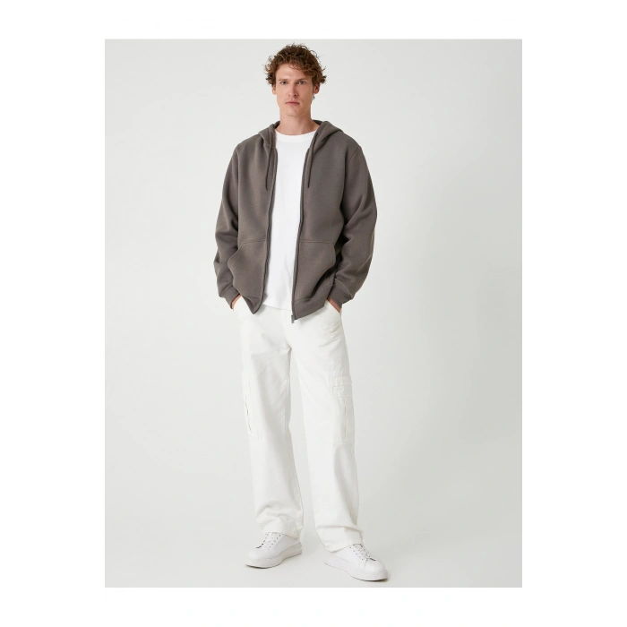 Cep Detaylı Şardonlu Fermuarlı Pamuklu Basic Kapşonlu Sweatshirt