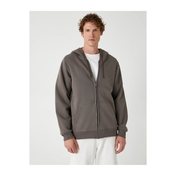 Cep Detaylı Şardonlu Fermuarlı Pamuklu Basic Kapşonlu Sweatshirt