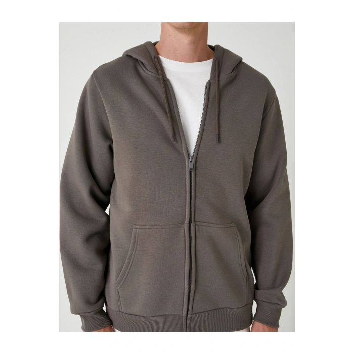 Cep Detaylı Şardonlu Fermuarlı Pamuklu Basic Kapşonlu Sweatshirt