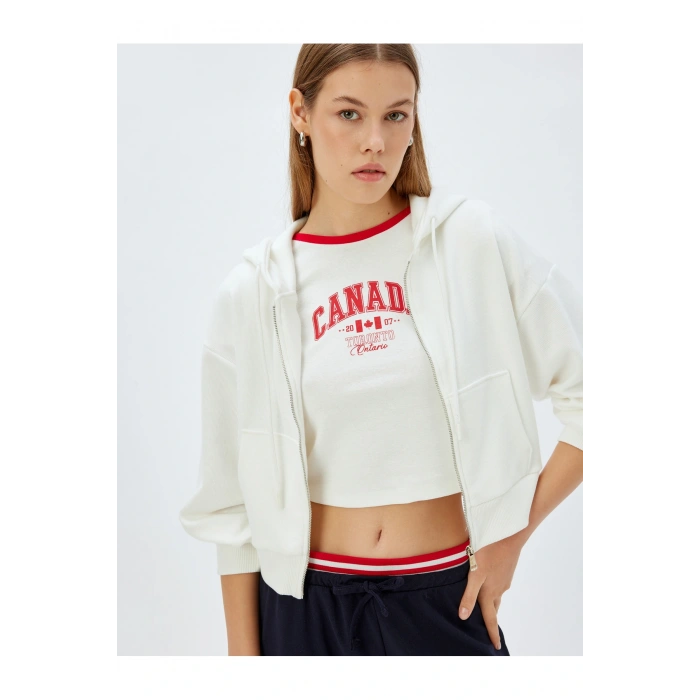 Cepli Uzun Kollu Crop Kapüşonlu Fermuarlı Sweatshirt