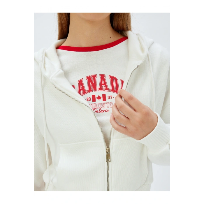 Cepli Uzun Kollu Crop Kapüşonlu Fermuarlı Sweatshirt