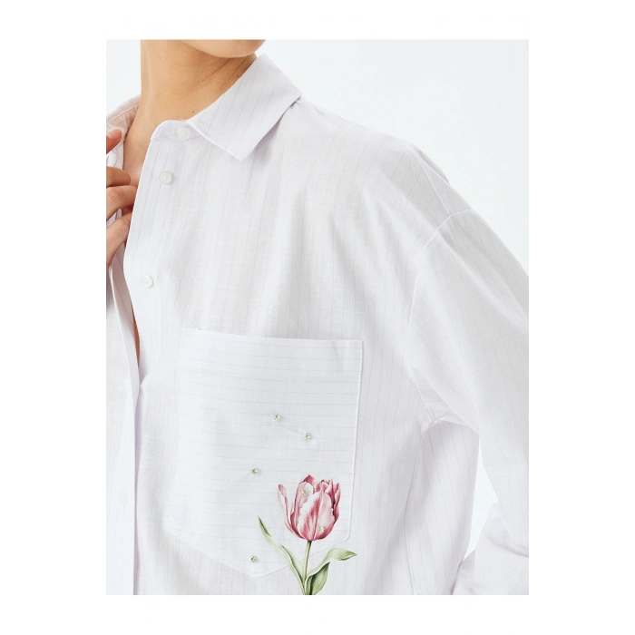 Çiçek Baskı Detaylı Taşlı Oversize Pembe Kadın Gömlek 5SAK60198UW