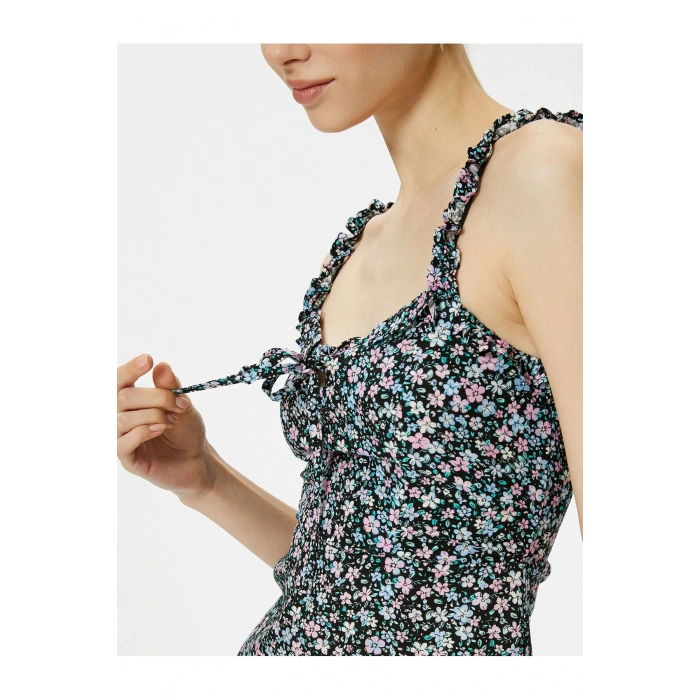 Çiçekli Mini Elbise Askılı Fırfırlı Astarlı Viskoz Kumaş Fiyonk Detaylı