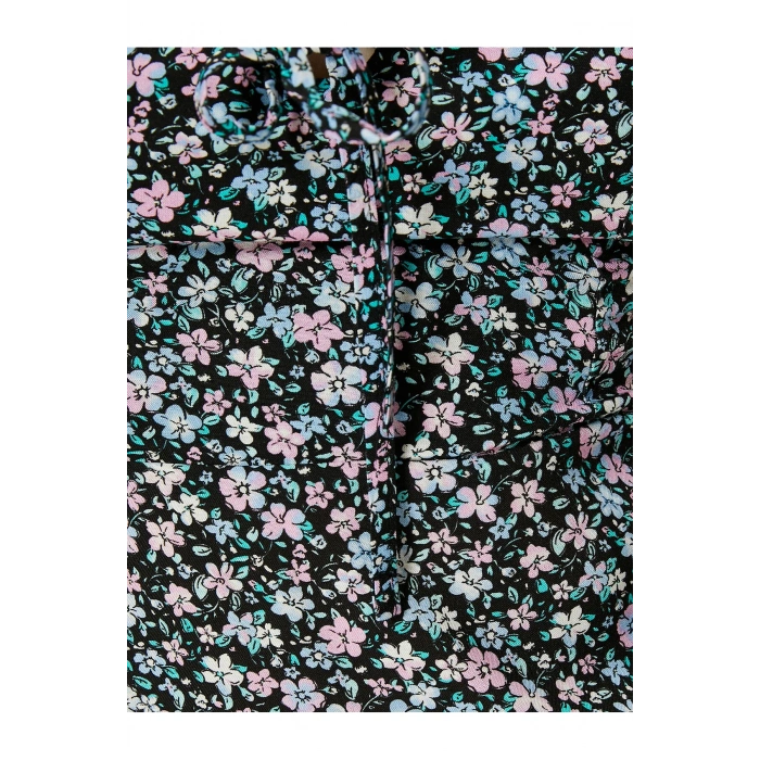 Çiçekli Mini Elbise Askılı Fırfırlı Astarlı Viskoz Kumaş Fiyonk Detaylı