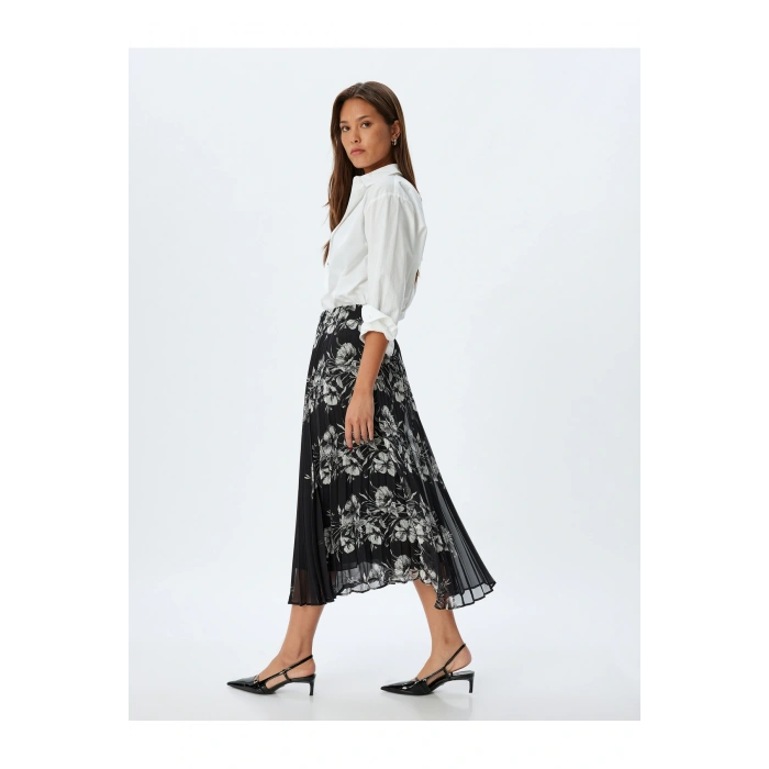 Çiçekli Pileli Etek Midi Boy Standart Bel Astarlı