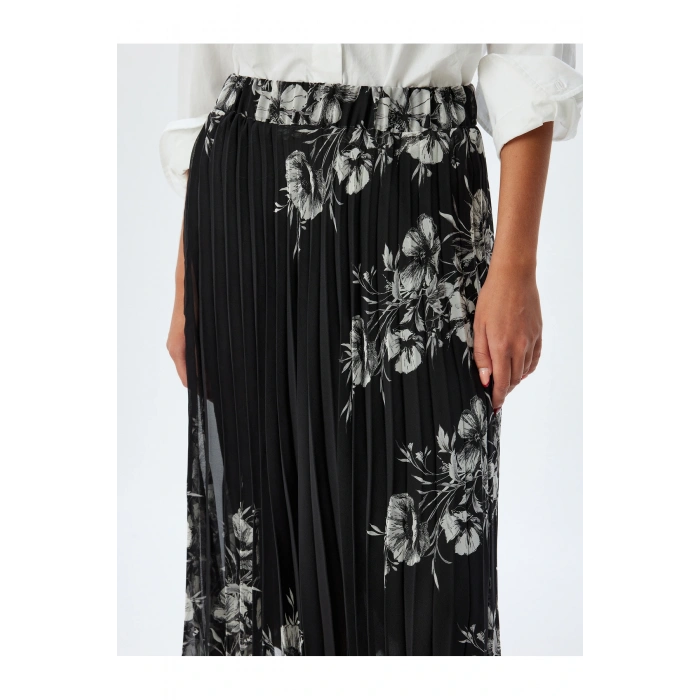 Çiçekli Pileli Etek Midi Boy Standart Bel Astarlı