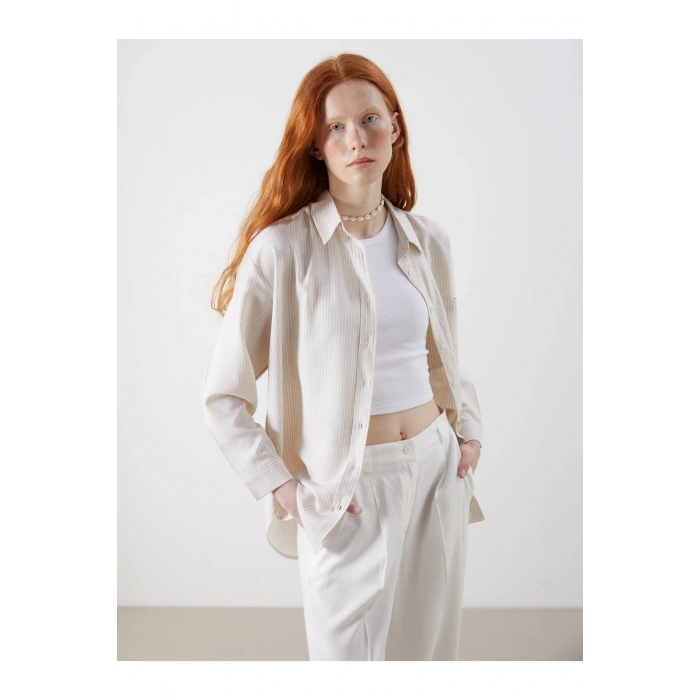 Çizgili Oversize Keten Karışımlı Kadın Gömlek