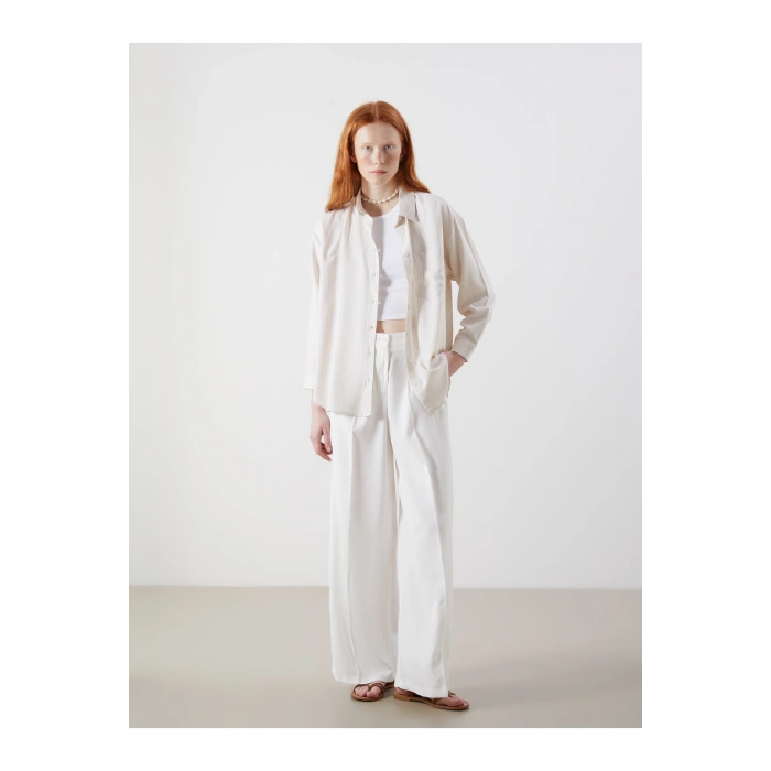 Çizgili Oversize Keten Karışımlı Kadın Gömlek