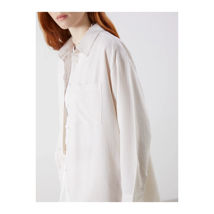 Çizgili Oversize Keten Karışımlı Kadın Gömlek