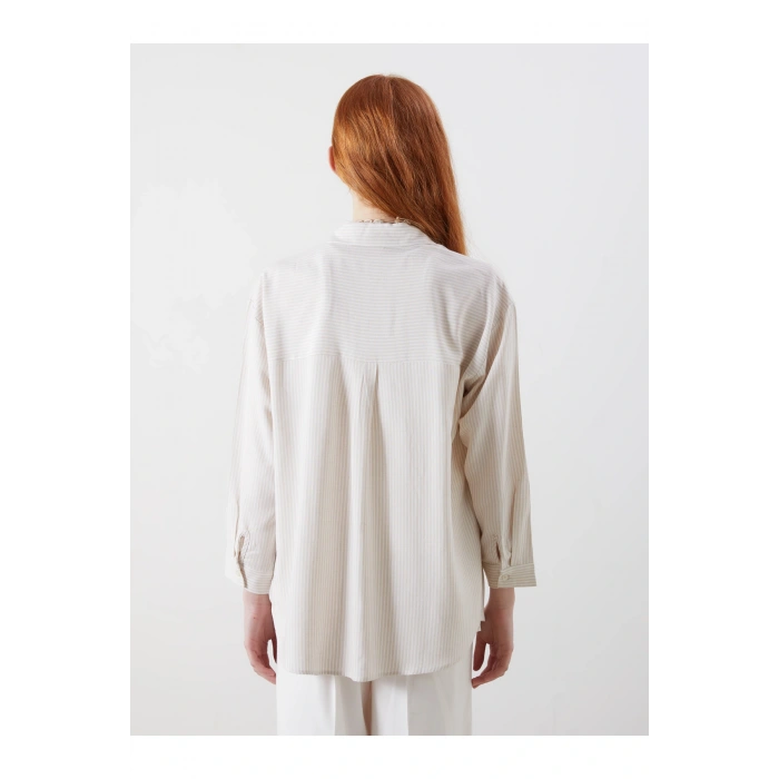 Çizgili Oversize Keten Karışımlı Kadın Gömlek