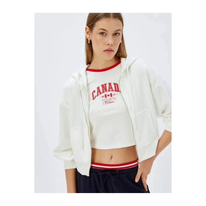 Crop Kapüşonlu Fermuarlı Sweatshirt 5WAK10056EK EKRU