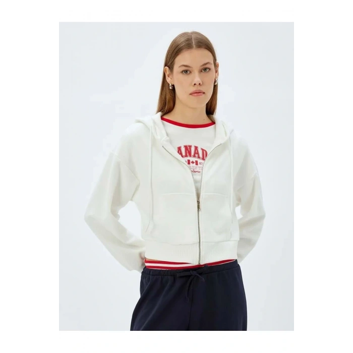 Crop Kapüşonlu Fermuarlı Sweatshirt 5WAK10056EK EKRU