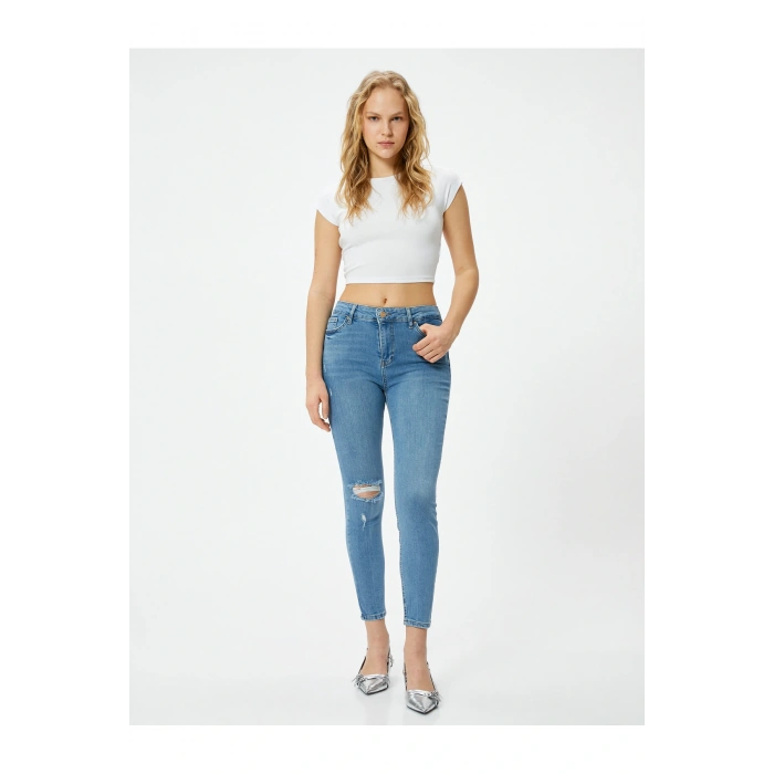 Dar Kesim Yüksek Bel Kot Pantolon Yıpratmalı Esnek Cepli Pamuklu - Carmen Skinny Jeans