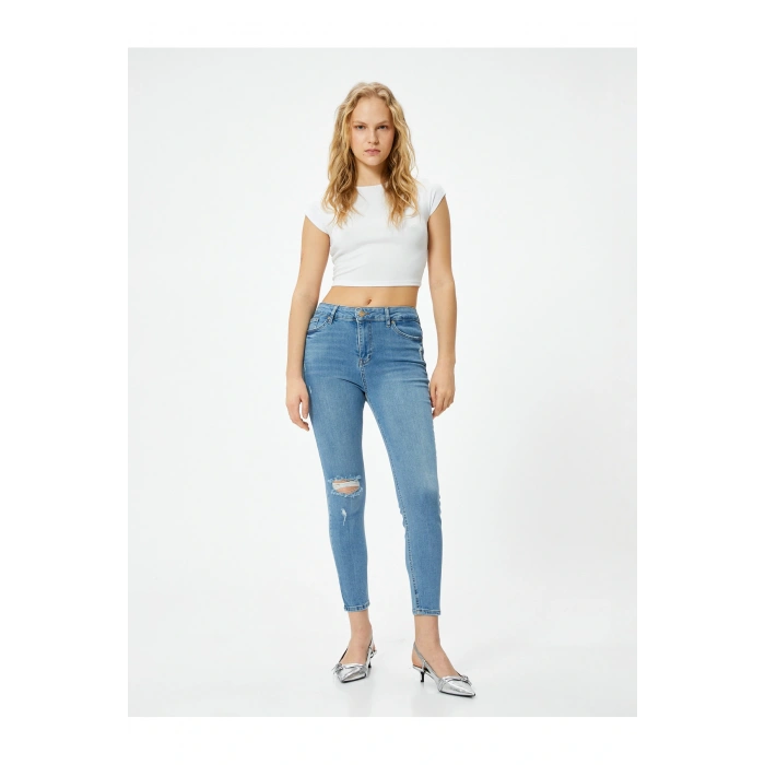 Dar Kesim Yüksek Bel Kot Pantolon Yıpratmalı Esnek Cepli Pamuklu - Carmen Skinny Jeans