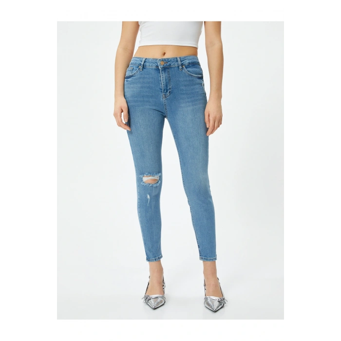 Dar Kesim Yüksek Bel Kot Pantolon Yıpratmalı Esnek Cepli Pamuklu - Carmen Skinny Jeans