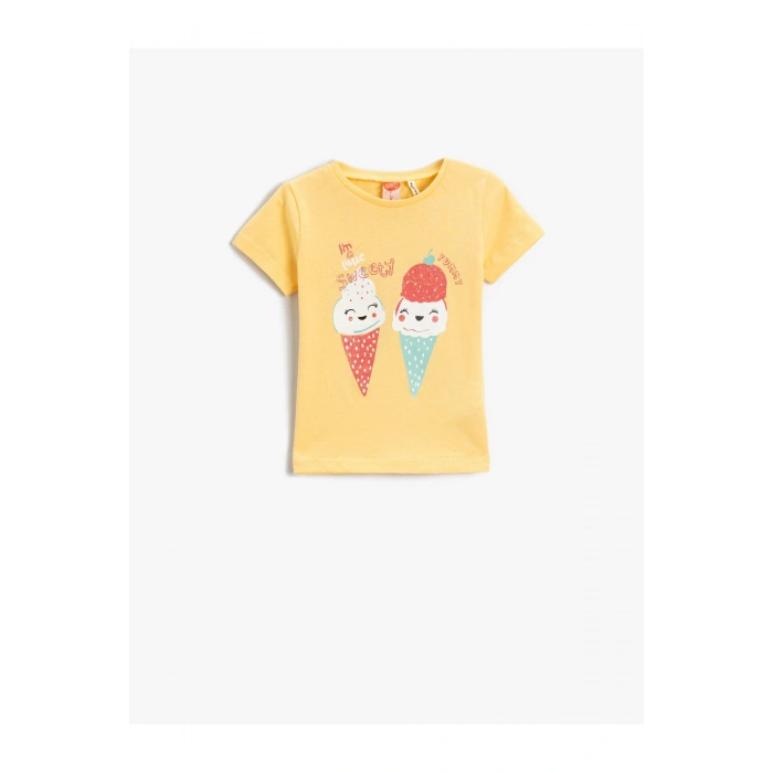 Dondurma Baskılı Tişört Bisiklet Yaka Pamuklu