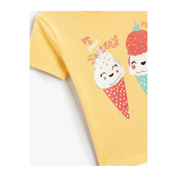 Dondurma Baskılı Tişört Bisiklet Yaka Pamuklu