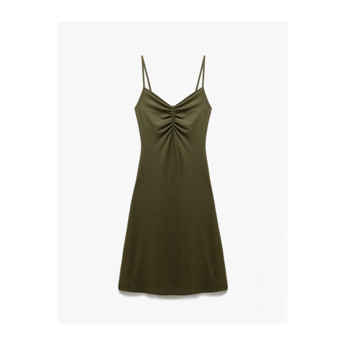 Drape Detaylı Bürümcük Kumaş İnce Askılı Midi Elbise