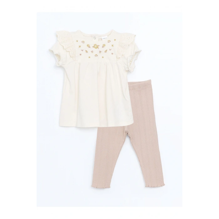 Ekru Bisiklet Yaka Nakışlı Kız Bebek Bluz Ve Tayt 2li