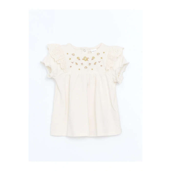 Ekru Bisiklet Yaka Nakışlı Kız Bebek Bluz Ve Tayt 2li