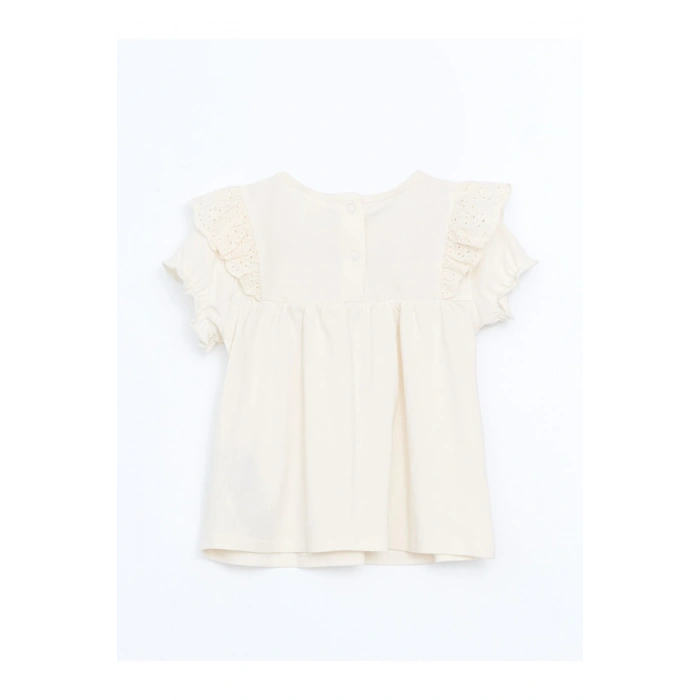 Ekru Bisiklet Yaka Nakışlı Kız Bebek Bluz Ve Tayt 2li