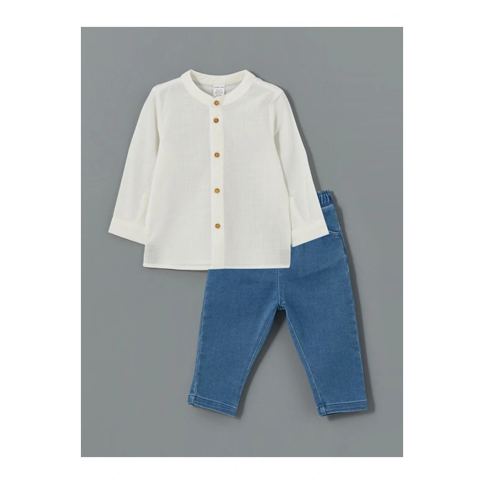 Ekru Hakim Yaka Erkek Bebek Gömlek Ve Pantolon 2li