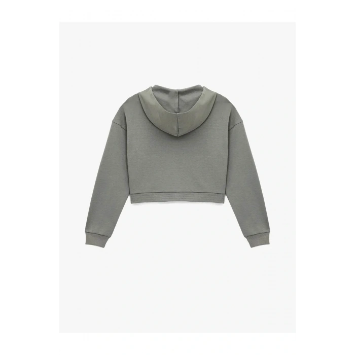 Fermuarlı Kapüşonlu Crop Gri Kadın Sweatshirt 6WAL10483IK