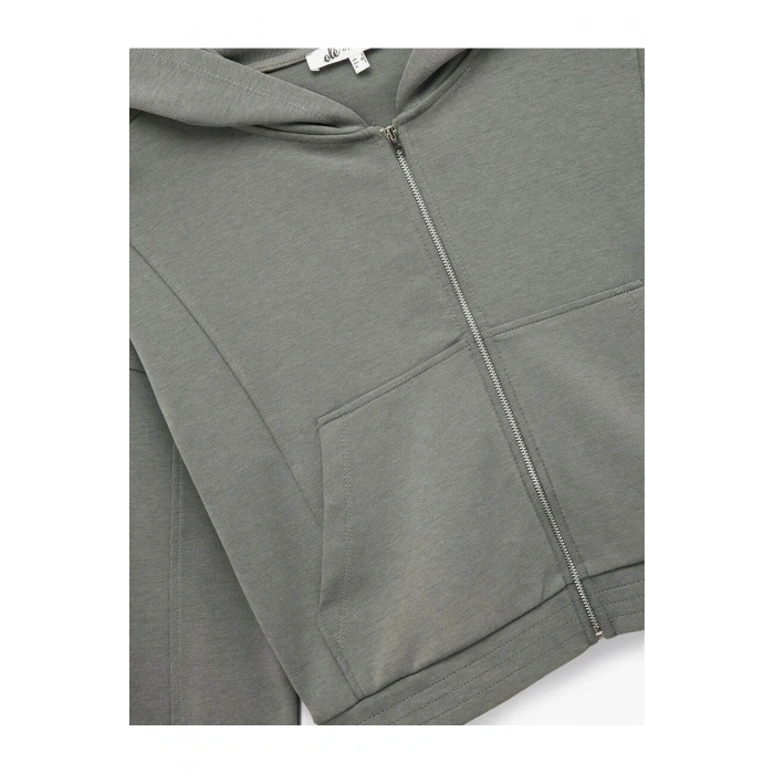 Fermuarlı Kapüşonlu Crop Gri Kadın Sweatshirt 6WAL10483IK