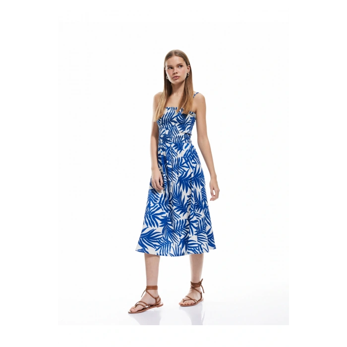 Gipeli Askılı A Kesim Çiçekli Midi Elbise Bürümcük