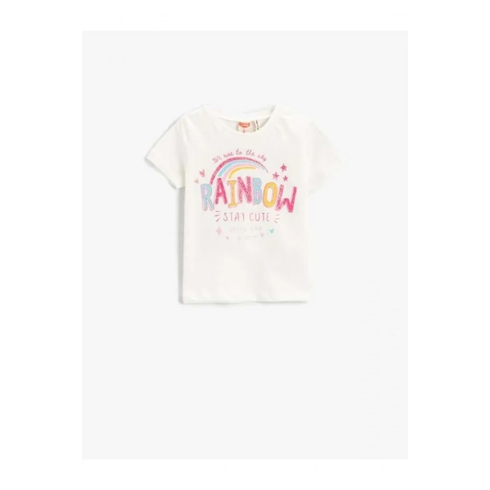 Gökkuşağı Baskılı Kısa Kollu Kız Bebek Tişört Pamuklu
