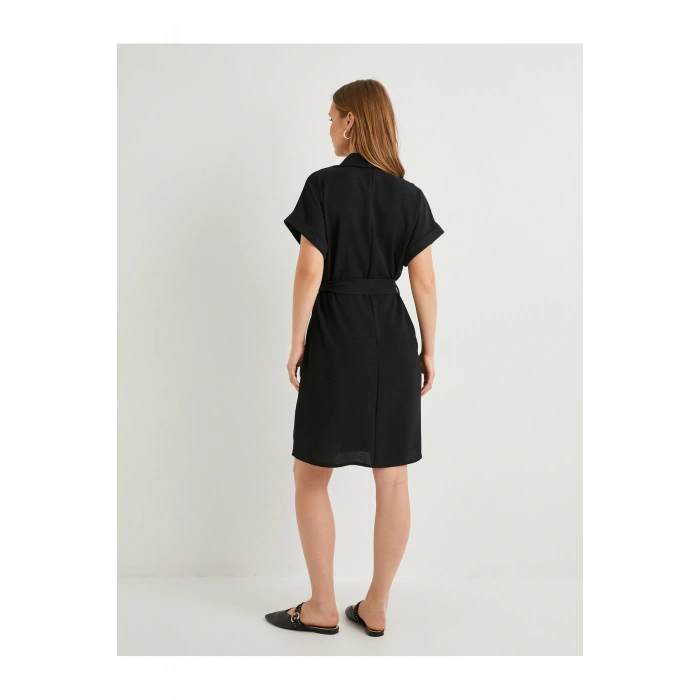 Gömlek Elbise Beli Kuşaklı Düğmeli Cepli