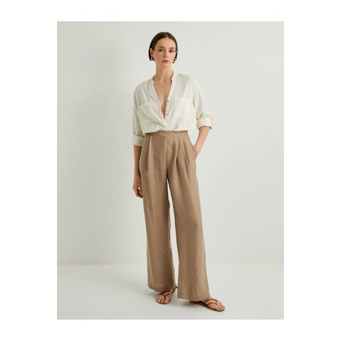 Hakim Yaka Gömlek Uzun Kollu Düğmeli Viskon Keten Karışımlı Standart Kesim