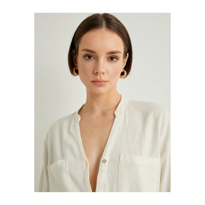 Hakim Yaka Gömlek Uzun Kollu Düğmeli Viskon Keten Karışımlı Standart Kesim