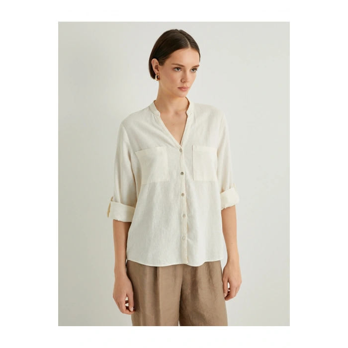 Hakim Yaka Gömlek Uzun Kollu Düğmeli Viskon Keten Karışımlı Standart Kesim