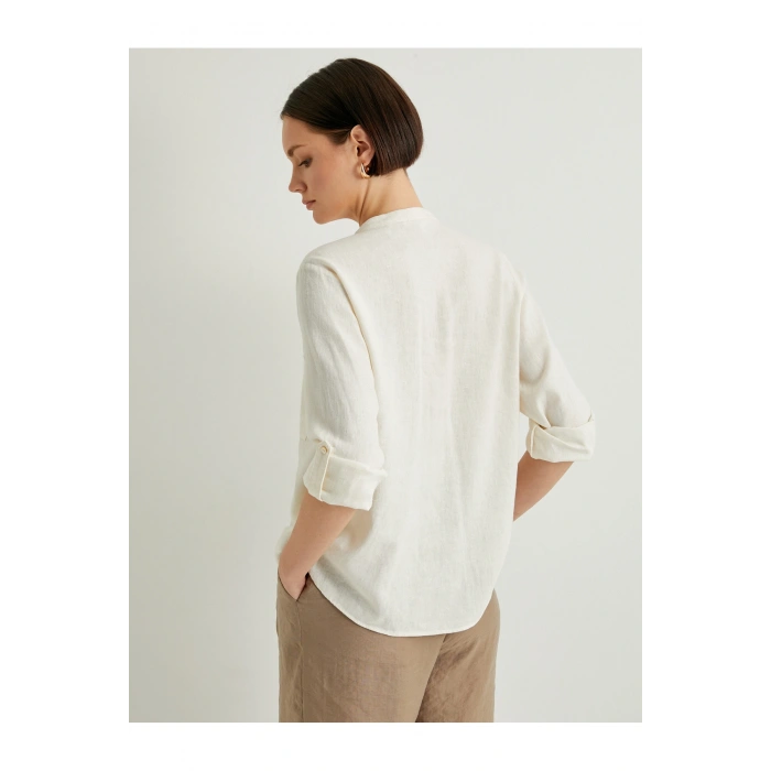 Hakim Yaka Gömlek Uzun Kollu Düğmeli Viskon Keten Karışımlı Standart Kesim