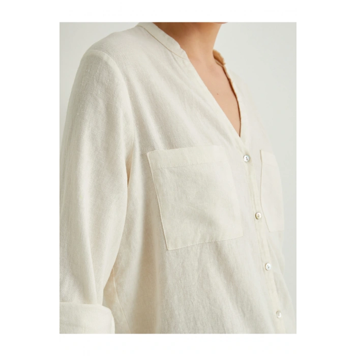 Hakim Yaka Gömlek Uzun Kollu Düğmeli Viskon Keten Karışımlı Standart Kesim