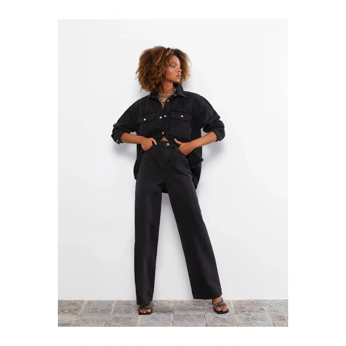 Jeans Siyah Yüksek Bel Wideleg Cep Detaylı Kadın Rodeo Jean Pantolon