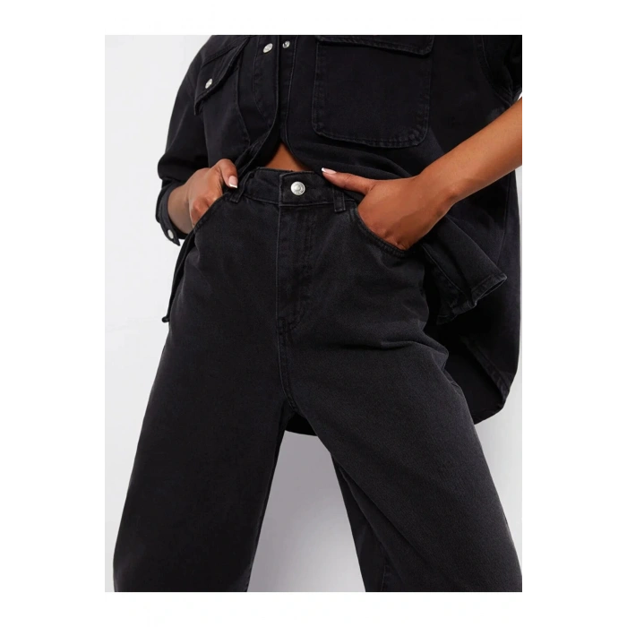 Jeans Siyah Yüksek Bel Wideleg Cep Detaylı Kadın Rodeo Jean Pantolon