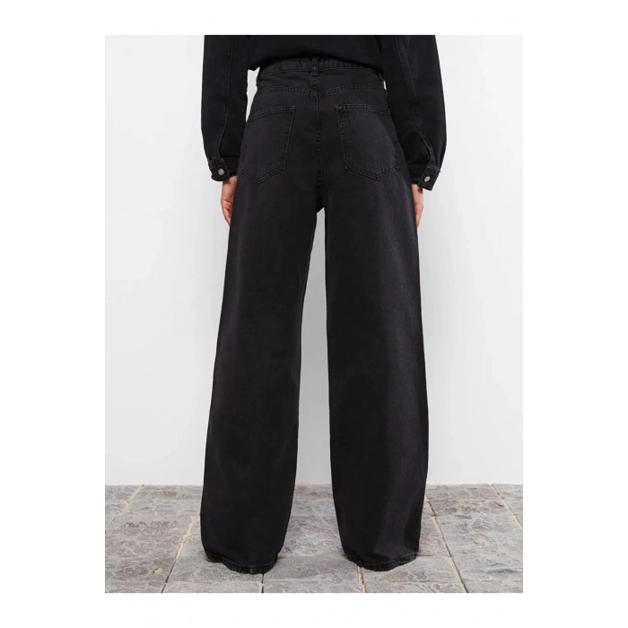 Jeans Siyah Yüksek Bel Wideleg Cep Detaylı Kadın Rodeo Jean Pantolon