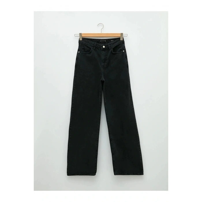 Jeans Siyah Yüksek Bel Wideleg Cep Detaylı Kadın Rodeo Jean Pantolon