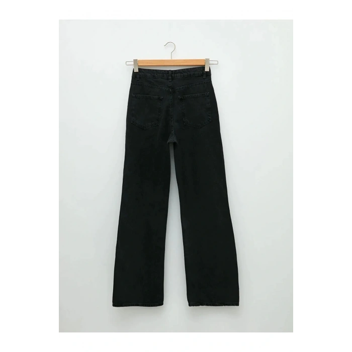 Jeans Siyah Yüksek Bel Wideleg Cep Detaylı Kadın Rodeo Jean Pantolon