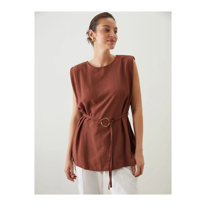 Kahverengi Bisiklet Yaka Kuşaklı Bluz