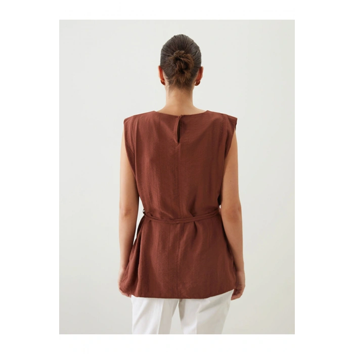 Kahverengi Bisiklet Yaka Kuşaklı Bluz