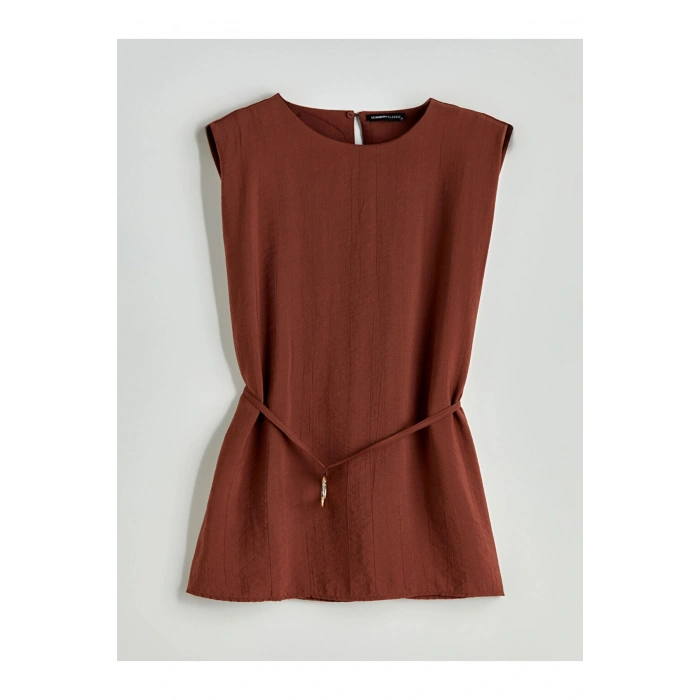 Kahverengi Bisiklet Yaka Kuşaklı Bluz