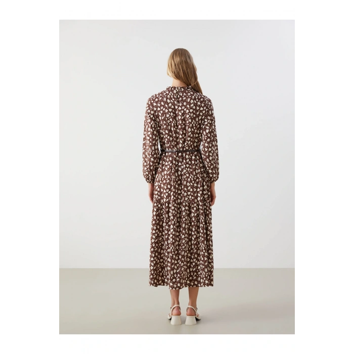Kahverengi Dik Yaka Desenli Kadın Elbise