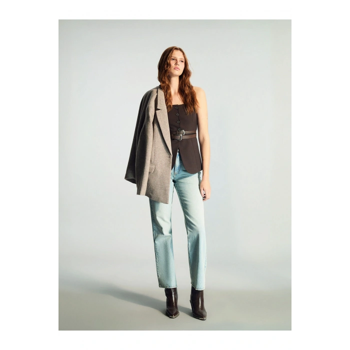 Kahverengi Kare Yaka Kadın Klasik Yelek