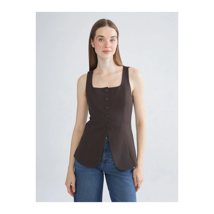 Kahverengi Kare Yaka Kadın Klasik Yelek