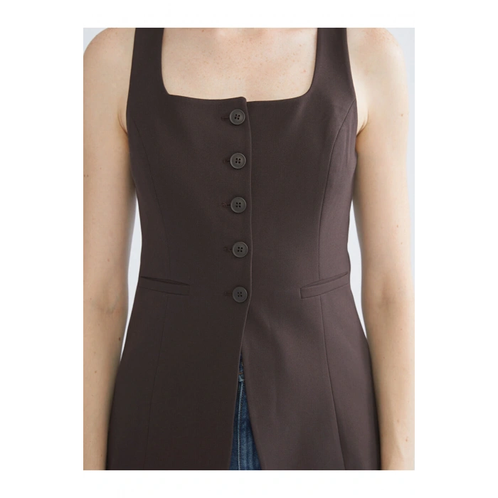 Kahverengi Kare Yaka Kadın Klasik Yelek